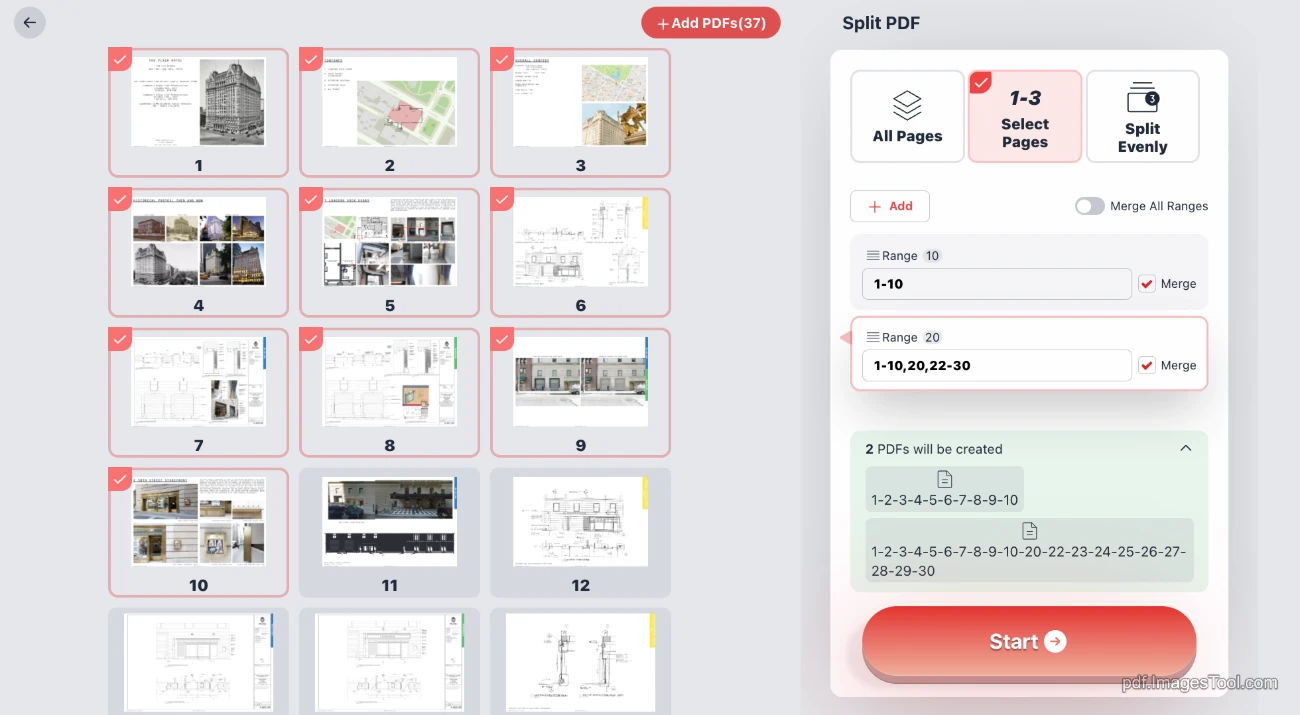 Set multiple page ranges to split the PDF